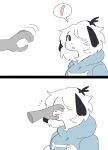  ! :o anthro black_ears blep blue_clothing blue_hoodie blue_topwear bone canid canine canis clothing digital_media_(artwork) disembodied_hand domestic_dog eyes_closed female floppy_ears fur grey_hands hair hair_over_eye hand_on_face hi_res hoodie mammal meme monochrome_fur one_eye_obstructed open_mouth puppychan48 short_hair simple_background solo solo_focus speech_bubble tongue tongue_out topwear white_background 