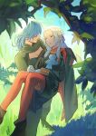  2girls ascot black_footwear black_jacket blue_ascot blue_hair blurry boots branch byleth_(fire_emblem) byleth_(fire_emblem)_(female) cape carrying cleavage_cutout closed_eyes clothing_cutout commentary depth_of_field edelgard_von_hresvelg fire_emblem fire_emblem:_three_houses from_above garreg_mach_monastery_uniform gloves grass hair_ribbon highres jacket leaf long_hair long_sleeves medium_hair multiple_girls outdoors pantyhose parted_lips platinum_blonde_hair princess_carry purple_ribbon red_cape red_legwear ribbon sidelocks standing toho10min white_gloves yuri 