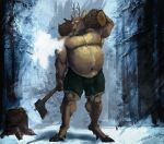 2023 abdominal_bulge anthro axe belly big_belly body_hair bottomwear breath chest_hair clothing deer hairy_belly hi_res holding_object kent_(pacific_coyote) male mammal musclegut muscular navel pacific_coyote painting_(artwork) plant shirtless shorts signature snow solo thick_thighs tree winter wood