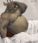 2024 anthro bed bedding bedroom blanket body_hair chest_hair clothing deer furniture getting_up hairy hairy_belly hi_res kent_(pacific_coyote) looking_at_viewer male mammal musclegut muscular nipples overweight pacific_coyote painting_(artwork) signature solo underwear waking_up white_blanket wide_hips