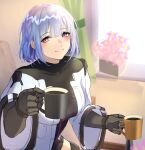  1girl 3_small_spiders absurdres bangs black_bodysuit black_gloves blush bodysuit closed_mouth coffee_cup cup disposable_cup elbow_gloves eyebrows_visible_through_hair flower girls&#039;_frontline gloves highres holding holding_cup looking_at_viewer purple_eyes rpk-16_(girls&#039;_frontline) short_hair silver_hair simple_background smile solo tactical_clothes upper_body window 