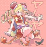 1girl apron bike_shorts blonde_hair blush bow bowtie bright_pupils brooch bun_cover commentary_request cure_yum-yum delicious_party_precure double_bun dress drill_hair gloves gremlin_(gremlins) gremlins_(film) hair_bun hair_ornament hanamichi_ran heart heart_brooch high_heels highres jewelry kakkuu_(clutch_shot_king) long_hair looking_at_viewer mem-mem_(precure) open_mouth orange_dress orange_footwear outline precure raised_eyebrows red_background red_eyes shadow sleeveless sleeveless_dress smile solo squatting translation_request twin_drills waist_apron white_gloves white_outline white_pupils yellow_bow yellow_bowtie 