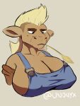  absurd_res anthro big_breasts blonde_hair bovid bovine breasts brown_body cattle clothing farm female frown hair hi_res huge_breasts looking_down mammal mohawk overalls solo tomboy unonyx 