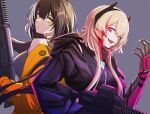  2girls 3_small_spiders absurdres assault_rifle bangs black_gloves black_hair black_jacket blonde_hair breasts closed_mouth eyebrows_visible_through_hair girls&#039;_frontline gloves grey_background grey_sweater_vest gun hair_between_eyes headset heterochromia highres holding holding_gun holding_weapon hood hooded_jacket jacket jacket_pull long_hair looking_at_viewer m4_sopmod_ii m4_sopmod_ii_(girls&#039;_frontline) mechanical_arms multicolored_hair multiple_girls open_mouth orange_eyes pink_eyes rifle ro635 ro635_(girls&#039;_frontline) serious single_mechanical_arm smile sweater_vest upper_body weapon yellow_eyes yellow_jacket 