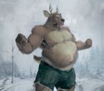 2023 abdominal_bulge anthro belly belt big_belly body_hair bottomwear breath bulge chest_hair clothing deer forest hairy_belly hi_res kent_(pacific_coyote) male mammal musclegut muscular navel pacific_coyote painting_(artwork) plant shorts snow solo tree winter