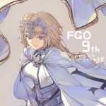  1girl anniversary armor armored_dress blonde_hair brown_background cloak closed_mouth dress fate/grand_order fate_(series) flag headpiece highres jeanne_d'arc_(fate) jeanne_d'arc_(third_ascension)_(fate) long_hair looking_ahead plackart purple_eyes shinkami_hiroki simple_background smile solo upper_body white_cloak white_dress 