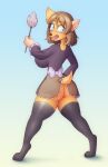  2021 anthro big_breasts black_clothing blue_eyes bottomwear breasts brown_hair butt canid clothing female hair hi_res implied_transformation legwear looking_back maid_uniform mammal open_mouth rear_view simple_background skirt solo standing stockings uniform zorym 