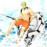 1boy abs achilles_(fate) bara fate/grand_order fate_(series) fishing_rod full_body goggles goggles_around_neck green_hair highres large_pectorals male_focus male_swimwear muscular muscular_male navel nipples official_alternate_costume orange_male_swimwear pectorals rinnnnake short_hair smile solo spiked_hair stomach swim_trunks topless_male water 
