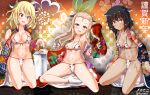  3girls andou_(girls_und_panzer) animal_ears animal_print aquaegg arm_behind_head arm_up artist_name bangs bikini black_eyes black_hair blonde_hair blue_eyes blush breasts cleavage commentary_request cow_ears cow_horns cow_print crotch_seam dark-skinned_female dark_skin drill_hair ear_tag fake_animal_ears fake_horns frown girls_und_panzer green_eyes half-closed_eyes happy_new_year highres horns japanese_clothes kimono kneeling leaning_forward long_hair looking_at_another looking_at_viewer marie_(girls_und_panzer) medium_breasts medium_hair messy_hair milk_carton multiple_girls navel new_year open_clothes open_kimono open_mouth oshida_(girls_und_panzer) print_bikini signature sitting smile string_bikini sweatdrop swimsuit tabi translated twitter_username white_legwear 