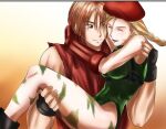  1boy 1girl blush cammy_white capcom carrying chest_harness harness holding hug ken_masters like long_hair smile street_fighter 