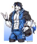  2021 5_fingers abs absurd_res accessory anthro athletic athletic_anthro athletic_male black_body black_claws black_fur black_hair black_nose blue_highlights border_collie bottomwear canid canine canis claws clothed clothing collie digital_media_(artwork) domestic_dog fingers fur gloves graysheartart grin hair handwear headband herding_dog hi_res highlights_(coloring) humanoid_hands looking_at_viewer male mammal mason_(trivolmckenley) multicolored_body multicolored_fur muscular muscular_anthro muscular_male navel one_eye_closed pastoral_dog pecs portrait sheepdog shorts signature smile solo three-quarter_portrait topwear two_tone_body two_tone_fur vest white_body white_fur wink wristband 