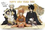  1girl 3boys animal_costume animal_print black_kimono closed_mouth commentary_request demizu_posuka emma_(yakusoku_no_neverland) highres japanese_clothes kimono multiple_boys norman_(yakusoku_no_neverland) open_mouth orange_kimono phil_(yakusoku_no_neverland) ray_(yakusoku_no_neverland) sitting smile tiger tiger_costume tiger_print yakusoku_no_neverland 