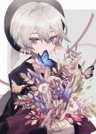  1boy androgynous bouquet bug butterfly covering_mouth flower grey_hair hat highres male_focus namiki_itsuki original pale_skin purple_eyes white_hair 