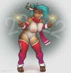  anthro barely_visible_genitalia barely_visible_pussy big_breasts breasts cervid clothing eyes_closed female footwear genitals hi_res holidays horn knee_highs knee_socks legwear mammal new_year new_year_2022 nude pussy reaper3d scarf short_tail smile socks solo sparklers turquoise_hair 