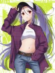  1girl absurdres akane_(akaneoekaki0928) artist_name bag baseball_cap belt belt_buckle bra brown_belt buckle character_name collarbone copyright_name cowboy_shot denim dress_shirt floating_hair grey_pants hair_between_eyes hat highres long_hair looking_at_viewer midriff mito_(sao) navel open_clothes open_shirt pants parted_lips plaid plaid_shirt purple_hair purple_shirt red_eyes shirt solo sports_bra standing stomach sword_art_online sword_art_online_progressive underwear very_long_hair white_bra 