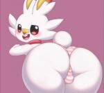  bent_over big_butt bulge butt clothing fur girly looking_back male nintendo open_mouth panties pattern_clothing pattern_underwear pok&eacute;mon pok&eacute;mon_(species) presenting presenting_hindquarters pururing scorbunny scut_tail short_tail simple_background smile solo striped_clothing striped_underwear stripes underwear video_games white_body white_fur 