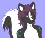  anthro black_body brown_eyes cybernetics girly hair half_body hi_res looking_at_viewer machine male mammal mephitid nonbinary_(lore) purple_hair quantum_lapiz simple_background skunk solo theo_nyx white_body 