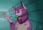  anthro chiropteran cigarette clothed clothing digital_media_(artwork) fangs fur hi_res hybrid looking_at_viewer lutrine male mammal membrane_(anatomy) membranous_wings mustelid nipples purple_body purple_fur smoking solo tisenoc_ucroen traditional_media_(artwork) wings 