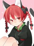  1girl :3 animal_ear_fluff animal_ears black_bow blush bow braid cat_ears cat_tail dress green_dress kaenbyou_rin katsuobushi_(eba_games) knees looking_at_viewer multiple_tails one-hour_drawing_challenge paw_print puffy_sleeves red_eyes red_hair simple_background sitting solo tail touhou twin_braids two_tails 