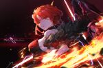  1girl bangs bare_shoulders breasts character_name ether.b fire flaming_sword flaming_weapon forehead fur_collar hair_ornament highres holding holding_sword holding_weapon honkai_(series) honkai_impact_3rd looking_at_viewer looking_to_the_side murata_himeko murata_himeko_(vermillion_knight) open_mouth red_hair sideboob solo sword teeth v-shaped_eyebrows weapon yellow_eyes 