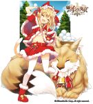  :d age_of_ishtaria animal animal_ear_fluff animal_ears armpits bangs bell blonde_hair boots closed_eyes copyright fang hair_between_eyes hat medium_hair miniskirt neck_bell official_art red_footwear red_headwear saeki_touma santa_boots santa_dress santa_hat short_sleeves skirt smile snowball tail thighhighs throwing white_legwear 