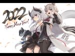  2022 2girls animal animal_ears asicah black_bodysuit black_legwear black_skirt blue_eyes bodysuit breasts cape closed_mouth commentary_request cowboy_shot fingerless_gloves gloves grey_hair happy_new_year highres holding holding_animal horns large_breasts letterboxed long_hair looking_at_viewer multiple_girls new_year original pantyhose ponytail purple_eyes shirt simple_background skirt smile tail tiger tiger_ears tiger_tail waist_cape white_background white_cape white_shirt 
