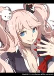  1girl absurdres animal_hair_ornament bangs bear_hair_ornament blonde_hair blue_eyes breasts chromatic_aberration cleavage collarbone danganronpa:_trigger_happy_havoc danganronpa_(series) enoshima_junko eyelashes fingernails furrowed_brow grin hair_ornament hand_up highres long_hair nail_polish pakotaroh pink_lips red_nails ringed_eyes simple_background smile solo teeth twintails upper_body white_background 