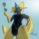  absurd_res anthro azurioad balls bulge clothed clothing felid fur genitals hi_res latex legendary_pok&eacute;mon male mammal nintendo open_mouth penis pok&eacute;mon pok&eacute;mon_(species) rubber simple_background smile solo suggestive swimwear thick_thighs tight_clothing video_games yellow_body yellow_fur zeraora 