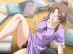  1girl black_panties book brown_hair dress game_cg panties purple_dress sagara_family sagara_maria solo underwear zyx 