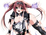  airi_(queen's_blade) all_fours blush breast_slip breasts green_eyes highres kasuga_souichi large_breasts long_hair maid nipples one_breast_out open_clothes queen's_blade red_hair saliva solo tears thighhighs torn_clothes torn_legwear twintails 