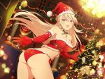  1girl :d ass bare_shoulders belt bikini blonde_hair breasts champagne_bottle champagne_flute christmas christmas_lights christmas_tree cleavage crop_top cup drinking_glass elbow_gloves flower food fur-trimmed_bikini fur_trim gloves happy hat large_breasts leo_(senran_kagura) long_hair looking_at_viewer midriff official_art open_mouth purple_eyes red_bikini red_gloves santa_bikini santa_hat senran_kagura senran_kagura_new_link smile solo swimsuit very_long_hair yaegashi_nan 