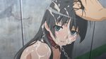  1girl abuse bdsm black_hair blush bondage bound bukkake chain chains collar cum cum_on_hair empty_eyes facial green_eyes hair_grab hand_on_head photoshop saten_ruiko to_aru_kagaku_no_railgun to_aru_majutsu_no_index 