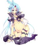  1girl blue_eyes blue_hair cum cum_on_body cum_on_clothes cum_on_stomach cum_on_upper_body female final_fantasy final_fantasy_ix fingerless_gloves genderswap gloves jiz kuja long_hair looking_at_viewer midriff navel pregnant simple_background sitting solo thighhighs torn_clothes very_long_hair 