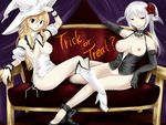 2girls agrias_oaks armband bare_shoulders blonde_hair blue_eyes boots breasts choker elbow_gloves female final_fantasy final_fantasy_tactics flower gloves hal_(haruna) hal_(pixiv53536) halloween hat head_wings headwings high_heels long_hair multiple_girls nipples red_eyes rose seat shoes silver_hair sitting ultima_(fft) witch_hat 