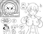  ^_^ areolae baseball_cap breasts closed_eyes comic crop_top crossed_arms empty_eyes english espeon gen_2_pokemon greyscale hat hypnosis kasumi_(pokemon) large_breasts lila_(pokemon) lineart mind_control monochrome multiple_girls nipples open_mouth p.chronos pokemon pokemon_(anime) pokemon_(creature) satoshi_(pokemon) short_hair side_ponytail simple_background sparkle surprised tank_top undressing 