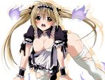  airi_(queen's_blade) all_fours alternate_color blush breast_slip breasts brown_eyes brown_hair highres kasuga_souichi large_breasts long_hair maid nipples one_breast_out open_clothes player_2 queen's_blade saliva solo tears thighhighs torn_clothes torn_legwear twintails white_legwear 