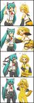  4koma absurdres animal_ears aqua_eyes aqua_hair artist_request bell blonde_hair blush bow cat_ears comic detached_sleeves dog_ears fang fur furry hair_ribbon hatsune_miku highres jingle_bell kagamine_rin long_hair multiple_girls navel open_mouth paw_print project_diva project_diva_(series) ribbon shirt_lift suspenders tail torn_clothes transformation twintails very_long_hair vocaloid 