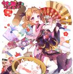  +_+ 1girl absurdres bowl brown_hair hair_ornament hammer happy_new_year highres japanese_clothes kanola_u kimono kine long_hair looking_at_viewer mallet mochi mochitsuki mortar new_year official_art open_mouth purple_eyes smile solo symbol-shaped_pupils thighhighs uchi_no_hime-sama_ga_ichiban_kawaii 