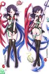  bed black_hair black_legwear dakimakura eatbara houjuu_nue lying multiple_views pointy_ears polearm pussy red_eyes short_hair snake thighhighs torn_clothes touhou ufo weapon wings 