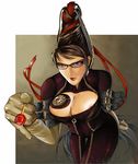 areolae bayonetta bayonetta_(character) black_hair bodysuit breasts candy cleavage covered_nipples eroke food foreshortening gloves large_breasts leaning_forward lips lollipop long_hair mole pinky_out purple_eyes saliva solo 