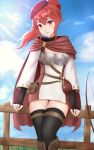  1girl absurdres anna_(fire_emblem) bangs belt belt_pouch beret black_gloves black_legwear blue_sky blush bow_(weapon) brown_belt cape commentary day dress elbow_gloves english_commentary fingerless_gloves fire_emblem fire_emblem_warriors floating_hair gloves hair_between_eyes hat highres lips long_hair long_sleeves looking_at_viewer outdoors parted_lips pink_lips ponytail pouch red_cape red_eyes red_hair red_headwear sidelocks sky sleeptopi solo sunlight thighhighs weapon white_dress zettai_ryouiki 