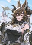  1girl animal_ears bangs black_ribbon breasts brown_hair closed_eyes cloud commentary_request detached_sleeves dress extra_ears floating_island galleon_(granblue_fantasy) giant giantess gloves granblue_fantasy hair_ornament hand_up highres horns jewelry large_breasts lips long_hair multicolored_hair neck_ribbon necklace parted_lips pointy_ears ribbon sanditk_gbf sideboob sleeveless sleeveless_dress solo streaked_hair turtleneck upper_body white_gloves x_hair_ornament 