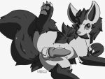  balls black_and_white black_body black_fur claws erection feral fur genitals knot lying male mightyena monochrome nintendo nipples nulloffset on_side pawpads paws penis pok&eacute;mon pok&eacute;mon_(species) presenting presenting_dick raised_leg solo teats video_games 