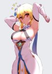  1girl absurdres bare_shoulders blonde_hair blue_background breasts closed_mouth commentary_request detached_sleeves dress genshin_impact highres large_breasts looking_at_viewer lumine_(genshin_impact) nac000 red_eyes solo thick_thighs thighs 