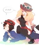  1boy 1girl blonde_hair blue_jacket blush brown_hair brown_legwear calem_(pokemon) closed_mouth collared_shirt commentary_request eyewear_on_headwear hat head_rest jacket long_hair lower_teeth nakamura_sandayo open_mouth pants pleated_skirt pokemon pokemon_(game) pokemon_xy red_headwear red_skirt serena_(pokemon) shared_speech_bubble shirt shoes short_hair sitting sitting_on_person skirt sleeveless sleeveless_shirt speech_bubble squiggle sunglasses teeth thighhighs tongue white-framed_eyewear zettai_ryouiki 