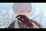  1boy arthur_(mahoutsukai_no_yakusoku) blue_eyes blush crying forest gloves highres letterboxed mahoutsukai_no_yakusoku male_focus nature pale_skin snow tearing_up tears user_gxnv5542 white_hair 