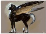  alsares ambiguous_gender avian black_body black_feathers black_fur european_mythology feathers feral fetlocks fur greek_mythology hippogriff looking_away looking_back mythological_avian mythology side_view simple_background solo white_tail 