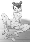  1girl arm_support ballet_slippers bangs blush cameltoe closed_mouth commentary_request diamond_(shape) double_bun eyebrows_visible_through_hair full_body greyscale hair_ribbon knees makino_harumaki monochrome navel panties pokemon pokemon_(game) pokemon_battle_revolution ribbon sashay_(pokemon) shoes shoes_removed sitting skirt solo spread_legs swept_bangs underwear wooden_floor 