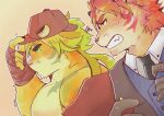  angry anthro clothing detective_hat duo felid fur green_eyes hi_res humor igarashi_ta lifewonders magan male mammal muscular muscular_anthro muscular_male necktie nomad_(tas) pantherine pecs tiger tokyo_afterschool_summoners topwear vest video_games yellow_body yellow_fur 