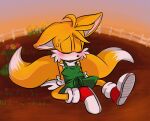  anthro blush bottomwear canid canine clothed clothing dipstick_tail eyes_closed fox garden gloves handwear male mammal markings miles_prower pants sega solo sonic_the_hedgehog_(series) tail_markings tired unbreakablebond 